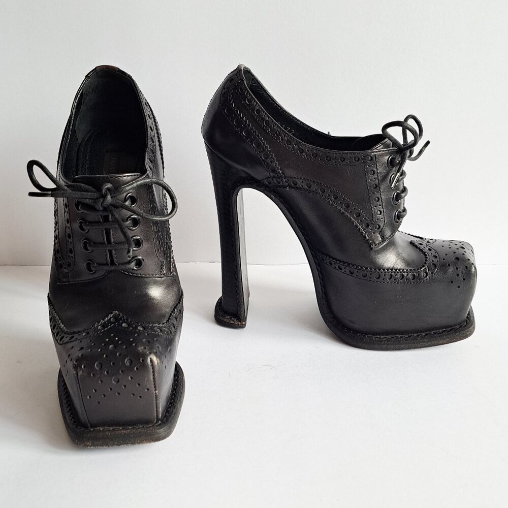 Louis Vuitton Square Toe Hidden Platform Black Brogue Leather Booties Size 36